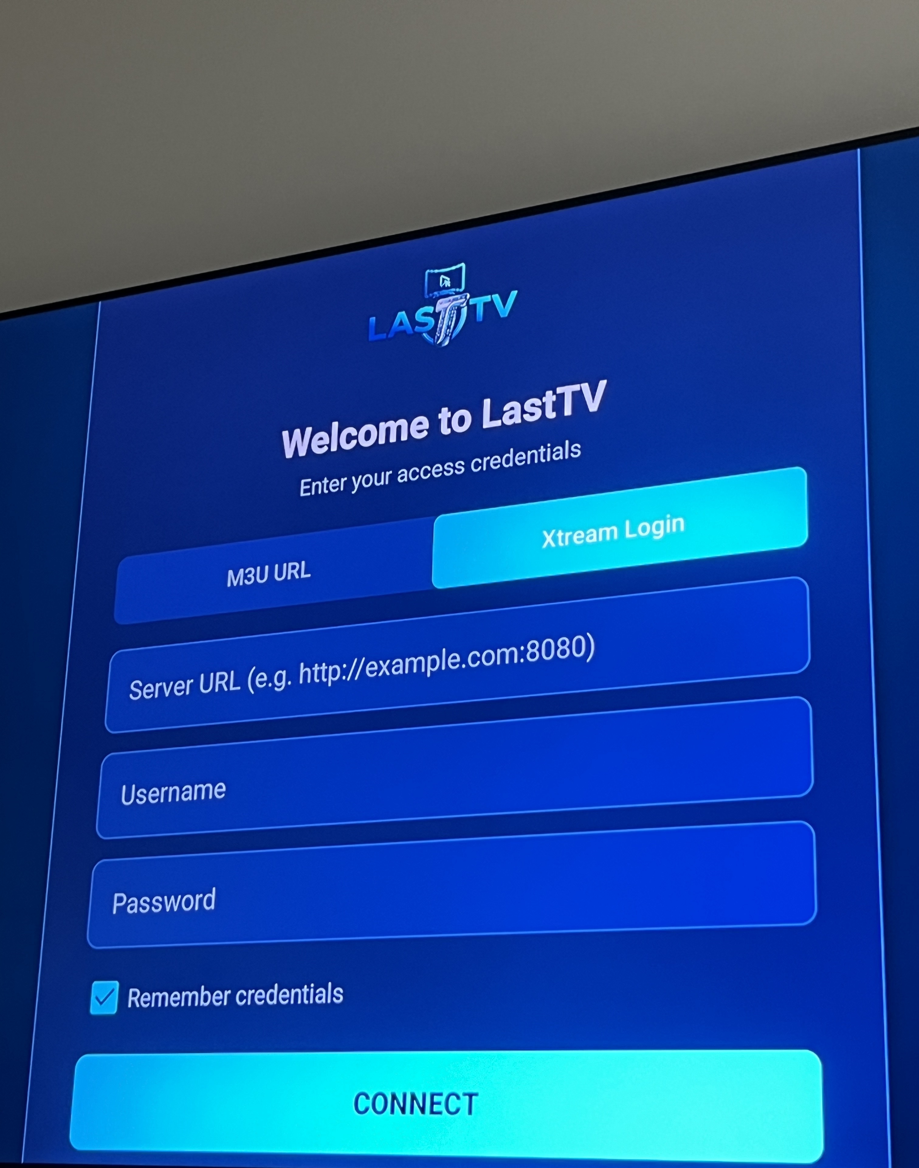 LastTV login screen with Xtream option
